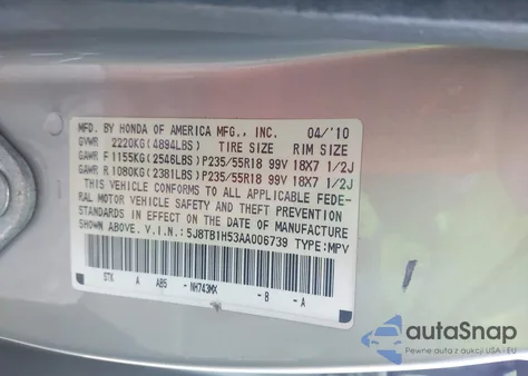 2010 Acura Rdx z USA, uszkodzony, nr VIN 5J8TB1H53AA006739